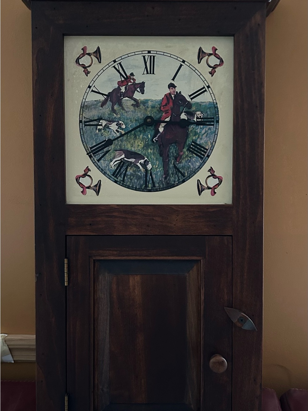 Vintage Rustic Wood Wall Clock with Hunt Scene in Brown and Red